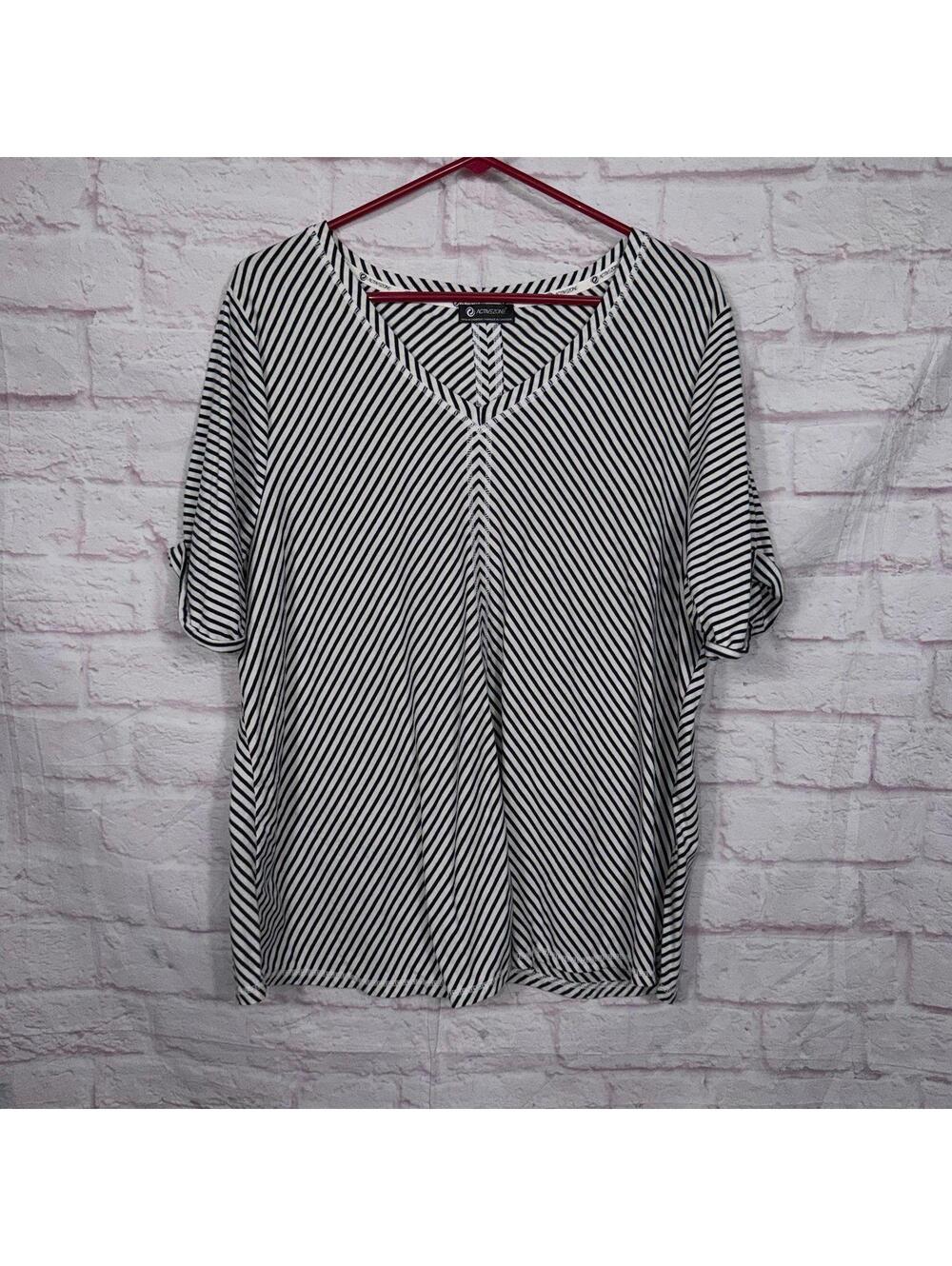 ACTIVEZONE 1X Black and White Striped V-Neck Top